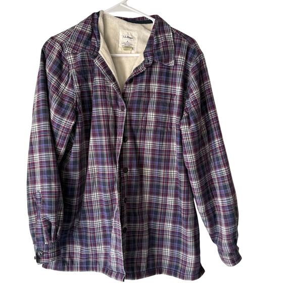 L.L. Bean Womens Size Medium Purple Plaid Fleece Lined Button Up Shacket Sweater - Picture 1 of 7
